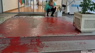 Входът на Министерството на културата бе залят с червена боя